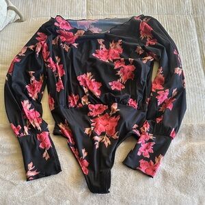 We The Free Black and Pink Floral Bodysuit
